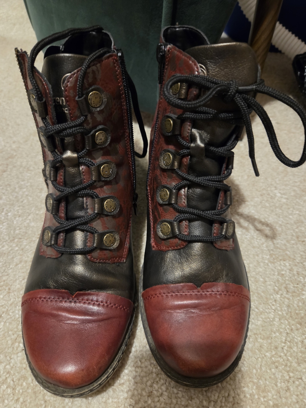 Women’s Two-Tone Black and Burgundy Lace-Up Ankle Boots